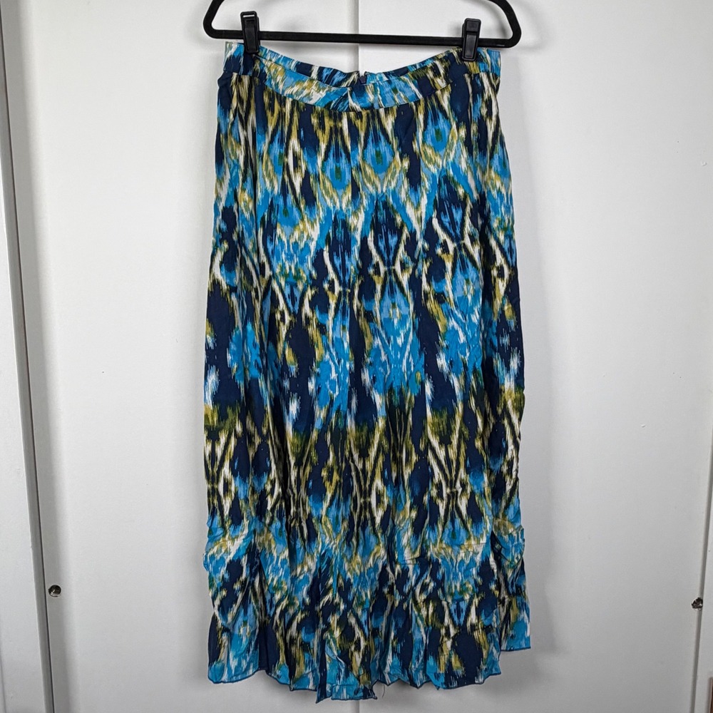 Apt. 9 Womens Blue Green Ikat Abstract Print Ruffle Hem Rayon Maxi Skirt Large